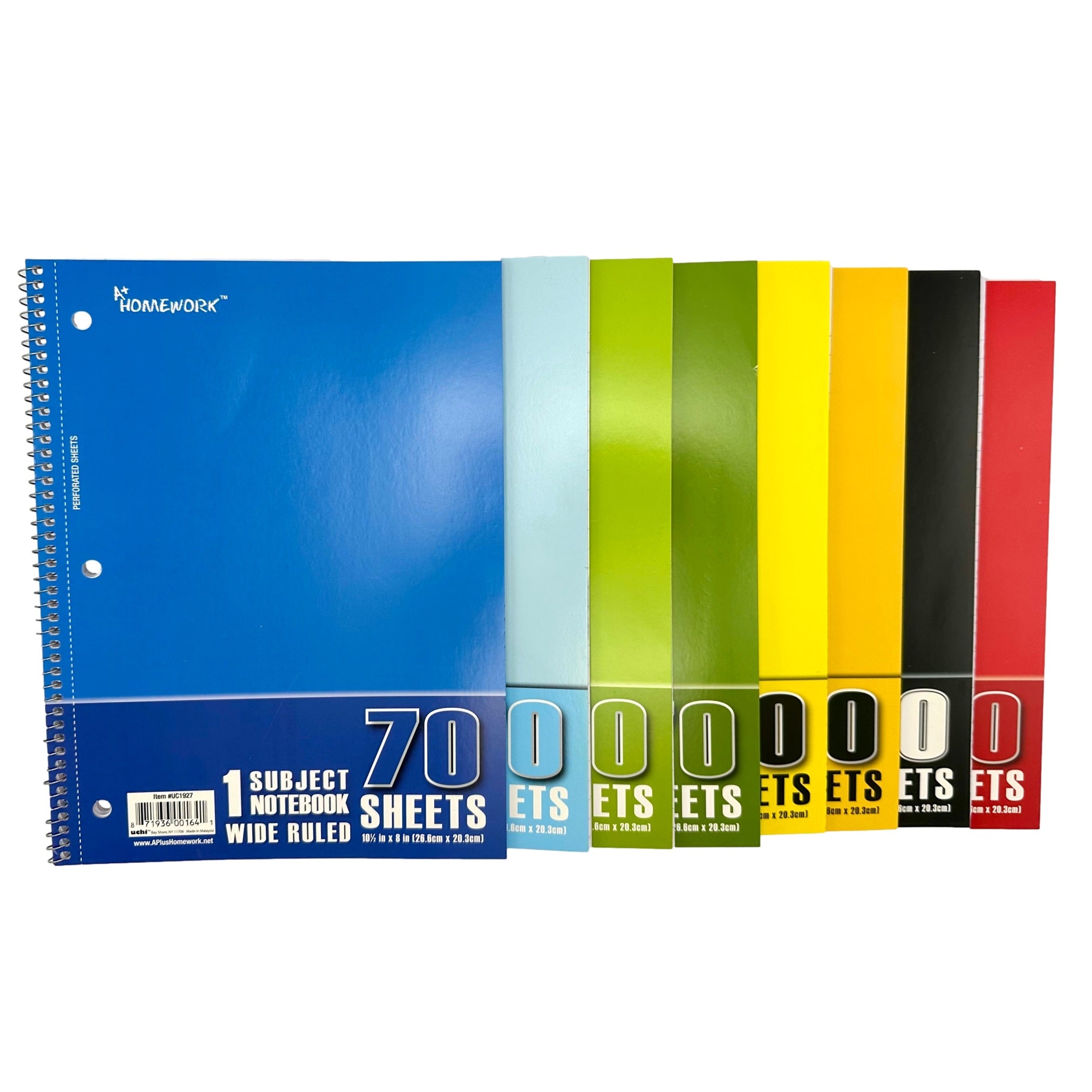 A stack of colorful one-subject notebooks.